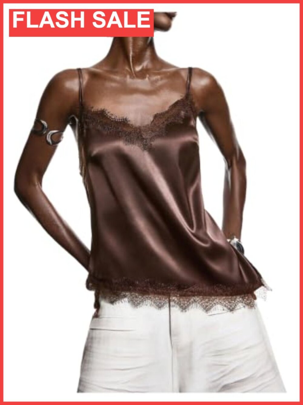 Satin Lace Trim V Neck Asymmetrical Cami Top Spaghetti Strap